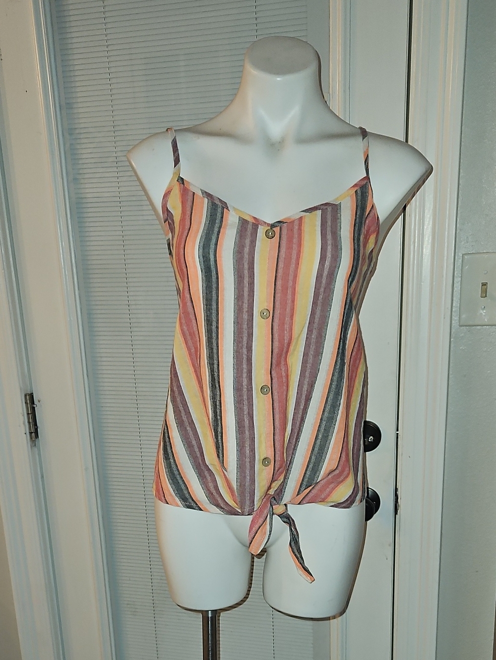 Source Unknown Multi-Color Striped Button Front Tie Cami - Pink, Yellow, Gray